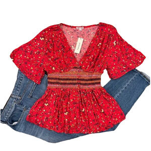 NWT Francesca's Taylor & Sage Red Floral Embroidered Smocked Blouse -